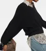 Womens Sweaters Brunello Shirt V Neck Cotton Black Sweater with Cuff Rivets