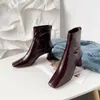 Dress Shoes First Layer Cowhide Thick High Heel Short Boots Square Toe Back Zipper Slim Commuting Burgundy