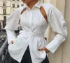 Women039s Blouses Shirts Women Button Down White High Street Long Sleeve Turn Collar Lady Backless Laceup