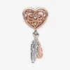 100% 925 Sterling Silver Coeur ajouré Deux plumes Dreamcatcher Charm Fit Original Bracelet à breloques européen Bijoux de mode Acc264g