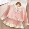 Clothing Sets 2024 Girls Autumn Dress Bow Korean Edition Children's Set Baby Foreigner Knitted Cardigan Two Piece 2-8 Year Old Top And Bot