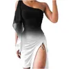 Casual Kleider Sexy Kordelzug Seite Split Form Taille Kleid Blumendruck Elegante Böhmische Frauen Eine Schulter Party Clubwear Chiffon