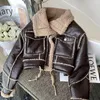 Jaqueta de lã de cordeiro preta inverno engrossado mais veludo motocicleta couro falso costura casaco pu plush cardigan gola tops 240131