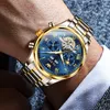 Wristwatches Top Original Automatic Watch For Men Gold Waterproof Stainless Steel Skeleton Moon Phase Mechanical Wristwatch