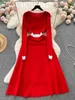 Basic Casual Dresses Red Long Knitted Fresh 2024 Spring/Summer Womens Design Color Blocking Temperature Ultra Thin Fit Full Sleeve Sweater Z4867 J240130