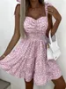 Vestidos casuais wsevypo floral impresso tie-up cintas plissado vestido doce verão mulheres sem mangas plissadas peito flare a linha curta praia