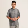 Chemises décontractées pour hommes 2024 Hommes Oriental Gris Beige Tops à manches courtes Col Mandarin Bouton chinois Design Motif de bon augure Broderie