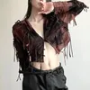 Dames Hoodies Yangelo Gothic Dark Rags Patchwork Kwastje Fee Grunge Vest Met Capuchon Dames Y2K Vintage Lange Mouw Slanke Knoop Crop Tops