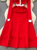 Basic Casual Dresses Red Long Knitted Fresh 2024 Spring/Summer Womens Design Color Blocking Temperature Ultra Thin Fit Full Sleeve Sweater Z4867 J240130