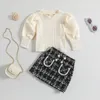 Kleidungssets FOCUSNORM 0–4 Jahre Kleinkind-Mädchen-Kleidung, Outfits, lange Puffärmel, gerippte Strickoberteile, karierte Perlen-A-Linien-Röcke, 2-teilig