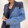 Vestes Femmes Printemps Automne Femmes Rayé Denim Spliced Costumes Veste Jeans Patchwork Blazers Manteau OL Turn Down Col Cardigan Irrégulier