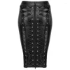 Saias PU Couro Saia Up Zipper Bandage Bodycon Faux Back Lace Mulheres Senhoras Joelho Comprimento Olhar Plus Size Preto Estilo Idade