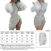 Basic Casual Dresses Long sleeved dress womens sparkling mesh dress long feather womens sequin short skirt solid color side stitching cocktail party costume J24013