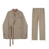 Men's Suits Korean Trend Cotton Suit Coat Loose Casual Bandage Belt Blazers 2024 Autumn Blazer Khaki Clothing