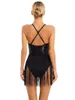 Stage Wear Womens Latin Dance Leotard Dress Cha-Cha Tango Samba Party Performance Dancewear Sleeveless Glitter Sequin Tassel Bodysuit