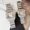Out Bling Diamanten Ring Uhren für Männer Frauen Hip Hop Quadratisches römisches Zifferblatt Designer Herren Quarzuhr Edelstahlband Business W2612