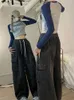 Women's Jeans QWEEK Harajuku Vintage Blue Cargo Women Oversized Y2K Grunge Black Baggy Denim Pants Hip Hop Streetwear Wide Leg Trousers