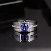 Män ring affärsring fyrkantig blå kristall zirkon diamant vit guld pläterad ring
