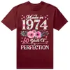 Camisetas masculinas feitas em 1974 floral 50 anos 50º aniversário camisetas em torno do pescoço de manga curta moda camiseta roupas casuais camisetas básicas