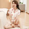 Kvinnors sömnkläder Summer Short Loungewear Home Clothes Two Piece Set Satin Silk Pyjamas For Women Heart Brodery Suit Elegant