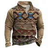 Vintage padrão impressão retalhos hoodie masculino streetwear casual manga longa zip turn-down colarinho camisolas moda pulôver topos 240131