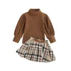 Ensembles de vêtements focusnorm 2 pièces mode automne enfants filles vêtements 1-6 ans col roulé à manches longues pull hauts jupes imprimées à carreaux