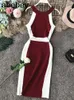 Casual Kleider 2024 Frauen Kleid Gestrickte O Neck Ärmellose Weiße Streifen Seite Elegante Midi Bodycon Weibliche Vestidos