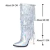 Botas Ribetrini moda apontou toe franja lantejoulas meados de bezerro botas para mulheres zip metálico glitter sexy elegante vestido longo sapatos