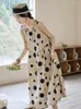 カジュアルドレスサマードレス2024韓国ファッションアートスタイルの女性ノースリーブドットプリントオールマッチのコットンリネンOネックタンク