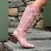 Bottes IPPEUM Rose Western Cowboy Genou Haut Bout Pointu Chunky Talon Femmes Chaussures Cowgirl Botas Mujer