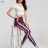 Calças femininas mulheres holograma metálico arco-íris leggings glitter neon listras impressas cintura alta festa de couro falso clubwear