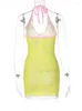 カジュアルドレスハガター格子縞のプリントホルターノースリーブバックレスパッチワーク包帯ミニプロムドレス夏の女性セクシーなボディコン衣装カワイイ