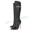 Stövlar Slim Knee High Boots Women Pointy Toe Side Zipper Pink Sole High Heels Fashion British Style Sexiga damer Leggy Shoes