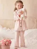 Girls Princess Pink Turndown Collar Pajama Sets.Toddler Kids Long Sleeve Black Line Pyjamas Set Sleepwear.Children's Clothing 240130