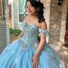 Sky Blue Princess Quinceanera Dress 2024 Off Shoulder Appliques Lace Beads Party Sweet 16 Gown Vestidos De 15 Anos