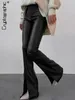 Spodnie damskie kryptograficzne eleganckie moda pu skóra high rise flare club impreza zwykła seksowna rozdzielenie dla kobiet spodni spodni gotycka