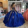 Blauwe glanzende prinses Quinceanera jurk baljurk uit de schouder partij jurk gouden stoffen kralen Sweet 16 verjaardag jurk vestidos de 15