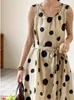 カジュアルドレスサマードレス2024韓国ファッションアートスタイルの女性ノースリーブドットプリントオールマッチのコットンリネンOネックタンク