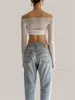 Women's Tanks Tossy Women Sheer Mesh Crop Top Twist See-Through Knit Copped Shirt Tops Bustier Off-Shoulder Long Sleeve Summer