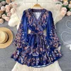 Casual Dresses Dress for Women V Neck Lantern Sleeve Printing Lace-Up BodyCon Flounced Edge A-Line Vintage Vestidos Spring Drop