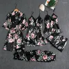 Womens Sleepwear M-2XL Plus Size Women Summer Five-piece Pajama Sets Sexy Backless Nightgown Dress Flower Printed Robe Solid Sleep