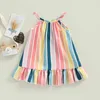 Vestidos infantis para meninas, vestido infantil de verão sem mangas com listras verticais e bainha com babados, alça espaguete casual 6 meses a 4 anos