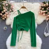 Women's Blouses Design Off Shoulder Strap Blouse Women Diagonal-Collar Long Sleeve Slim Tops Summer Korean Short