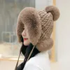 Capéu de lã de lã de lã de lã de lã de lã de lã de lã de lã de lã de bombardeiro Mulheres Ushanka Faux Fox Fur Pompom Winter Russain CossaCy 240127