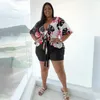 Plus size conjuntos de duas peças feminino floral impressão topos camisas e calças curtas moda feminina casual pano verão conjuntos de correspondência 240127