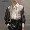 Men's Casual Shirts 2024 Men Shirt Mesh Patchwork Pleated Sexy Stand Collar Long Sleeve Clothing Transparent Loose Fashion Camisas S-2XL