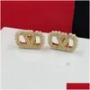 Stud Earrings Designer For Women Luxury Gold Heart Shape Pearl Crystal Double V Letter 925S Sier Jewelry Classic 77 Drop Delivery Otptc
