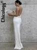 Abiti casual Chicology 2024 Abito lungo aderente con cinturino con spacco senza schienale bianco Elegante festival serale Festa di nozze Prom Compleanno Outfit