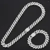 Chains 15mm Miami Prong Cuban Chain Link Silver Color Necklaces 2 Row Full Iced Out Rhinestones Bracelet Set For Mens Hip Hop341E