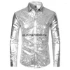 Camisas casuais masculinas prata lantejoulas metálicas glitter camisa homens 2024 70's disco party halloween traje chemise homme performance de palco masculino